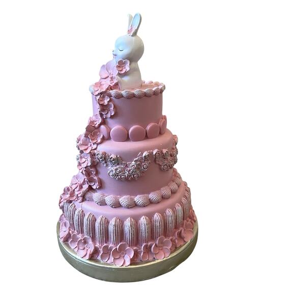 Sweet Treats 13in Pink Floral Easter Bunny Faux Cake with Macaroons Decor NEW - Picture 5 of 16